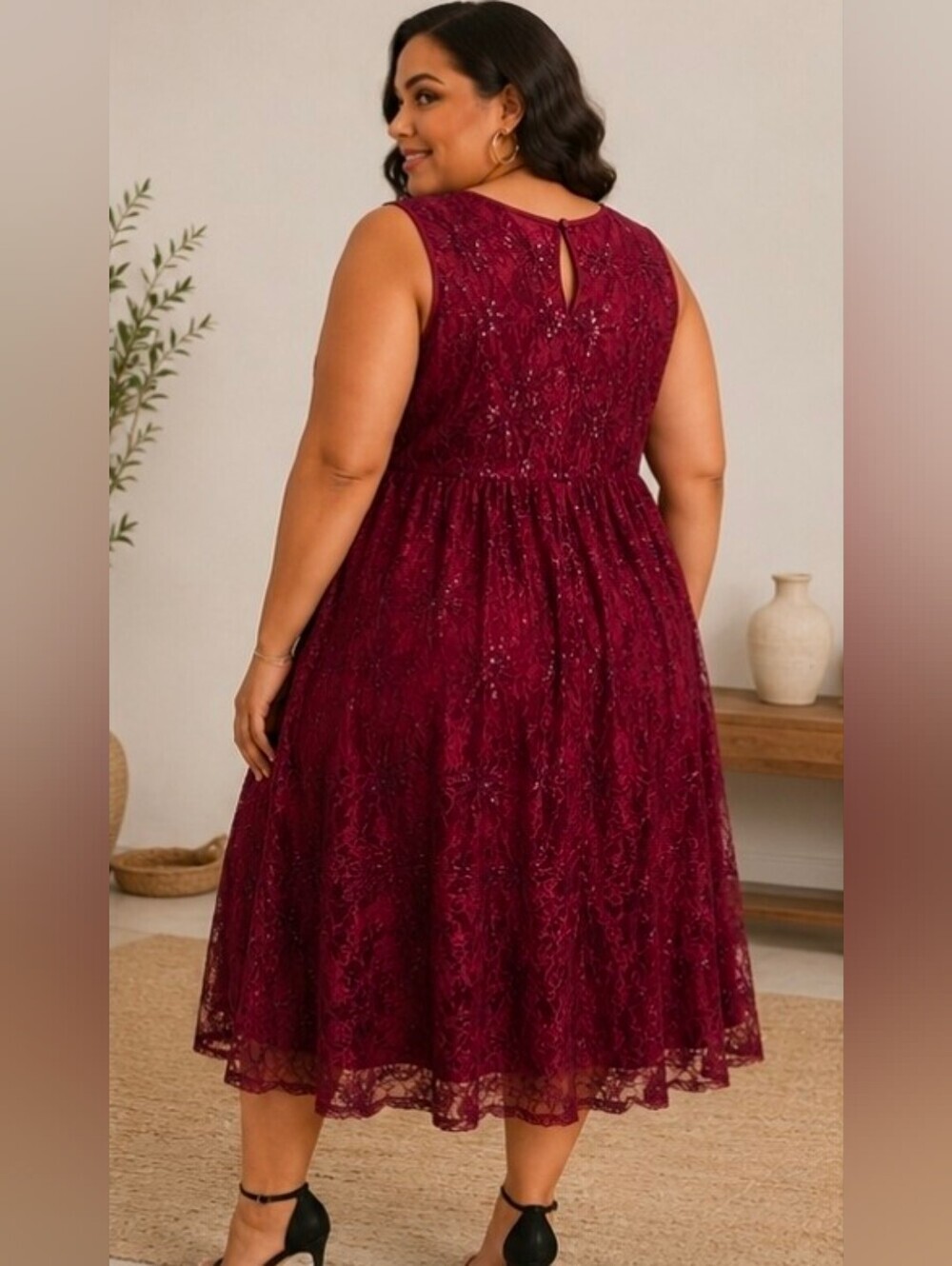 BloomChic Wine Lace Midi Dress with Sparkle - Picture 2 of 6